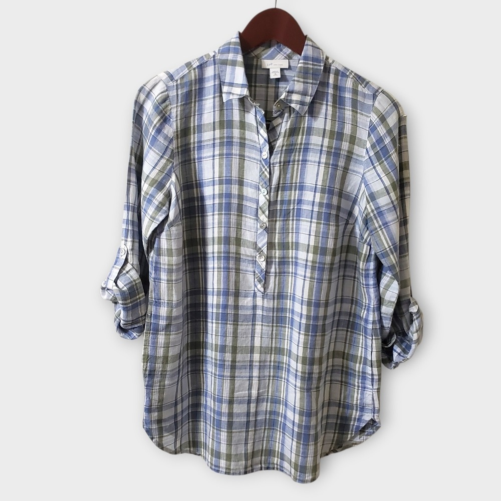 J. Jill Love Linen Plaid Tunic Shirt Blue Green XS Petite Roll Tab Sleeve Pocket